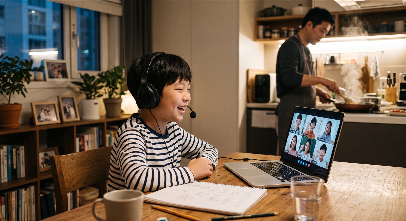 집 책상에서 노트북으로 일본에 사는 또래 친구들과 일본어로 이야기하며 웃는 한국 초등학생