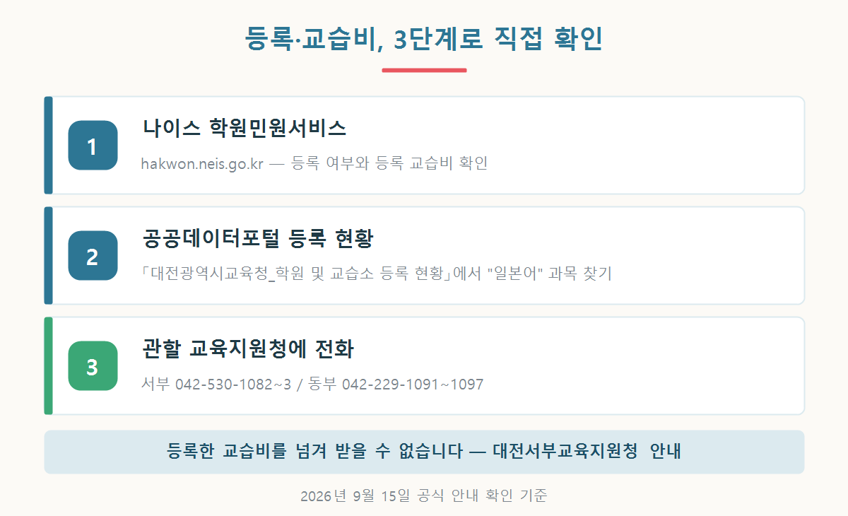 나이스 학원민원서비스와 공공데이터포털 대전광역시교육청 학원 및 교습소 등록 현황, 교육지원청 전화로 학원 등록과 교습비를 확인하는 세 단계 그래픽
