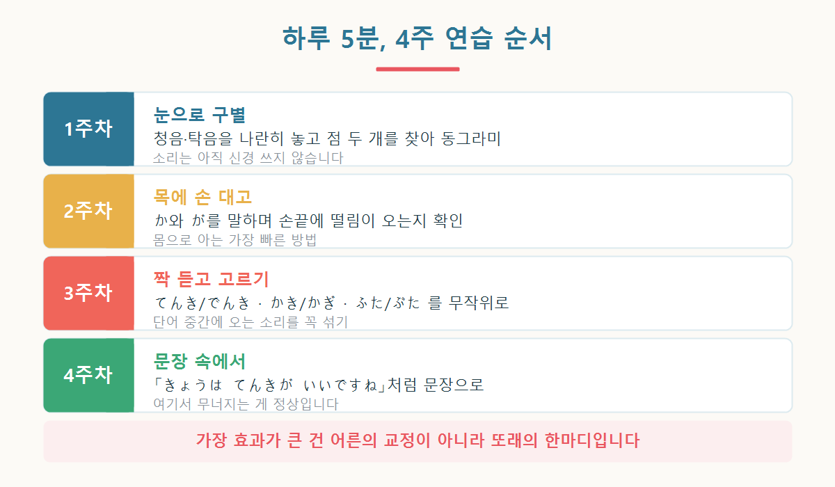 탁음 반탁음을 4주에 걸쳐 익히는 주차별 연습 계획 그래픽