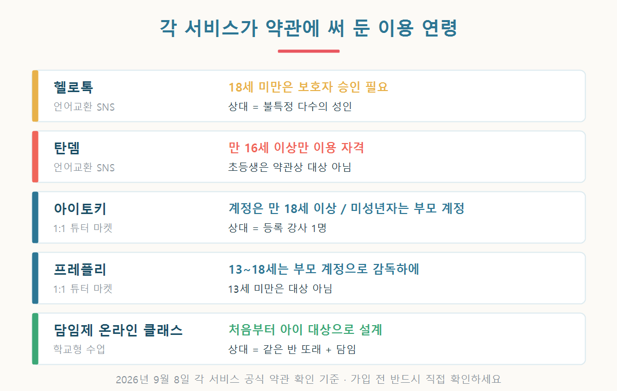 헬로톡 탄뎀 아이토키 프레플리 등 언어교환 앱과 온라인 클래스의 이용 가능 연령 규정을 비교한 그래픽