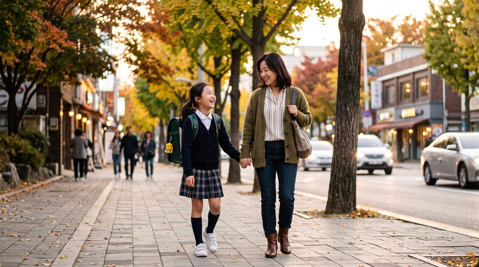 가을 저녁 가로수길을 가방을 멘 초등학생 딸과 손을 잡고 웃으며 걸어가는 한국 어머니