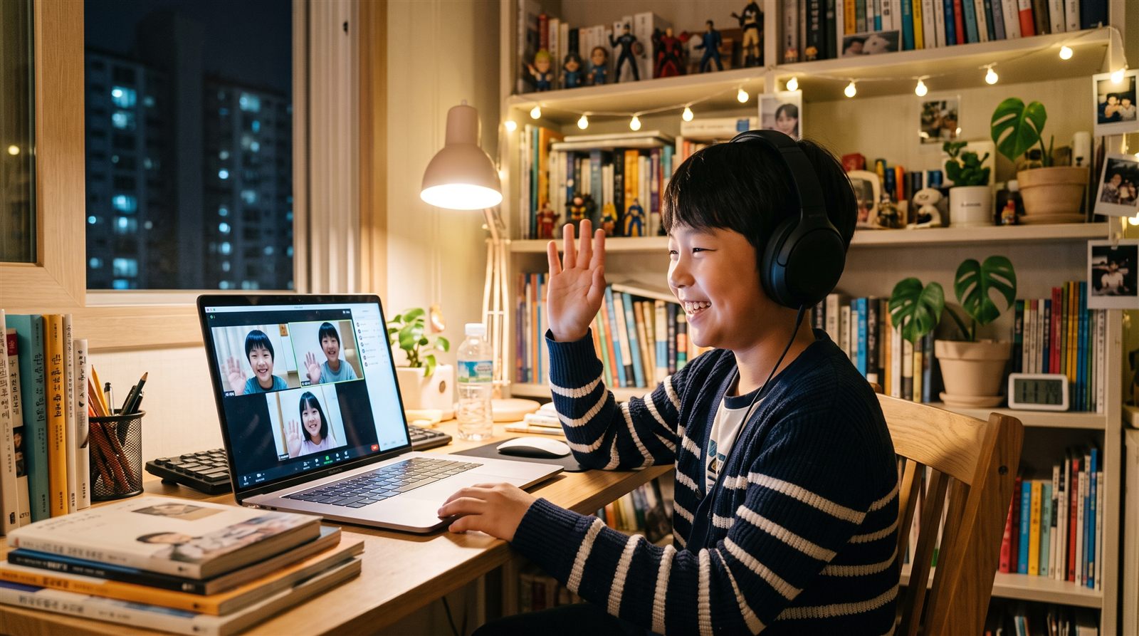 노트북 화면으로 일본에 사는 또래 친구와 웃으며 일본어로 대화하는 한국 초등학생