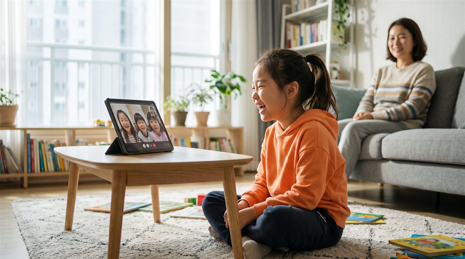 화면 속 일본에 사는 또래 친구들과 일본어로 이야기하며 웃는 한국 초등학생