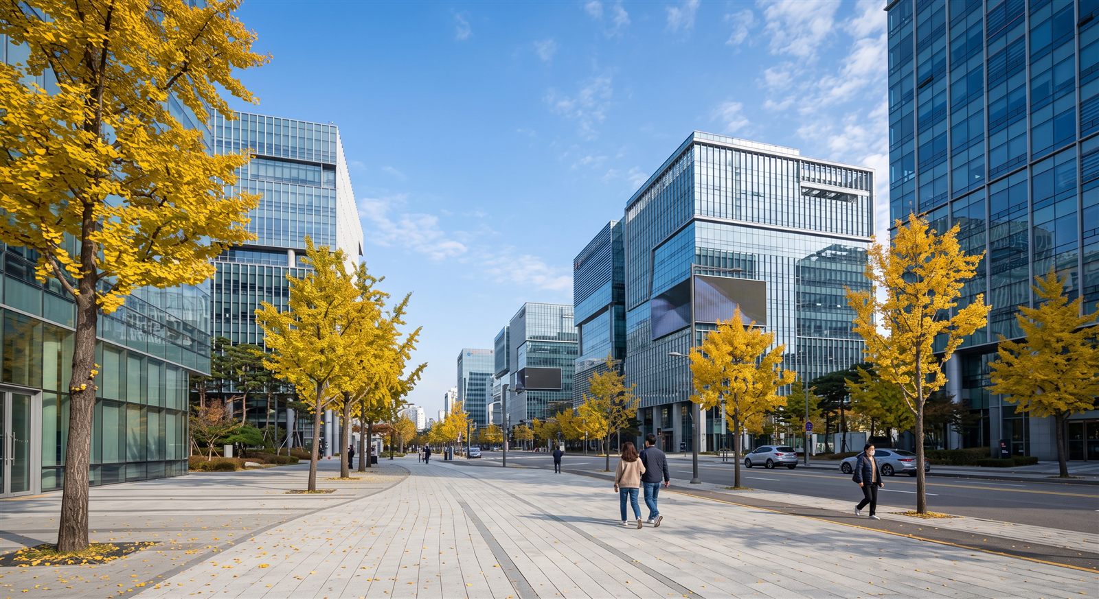 가을 오후 서울 상암동 디지털미디어시티의 현대적인 건물과 가로수가 늘어선 거리 풍경