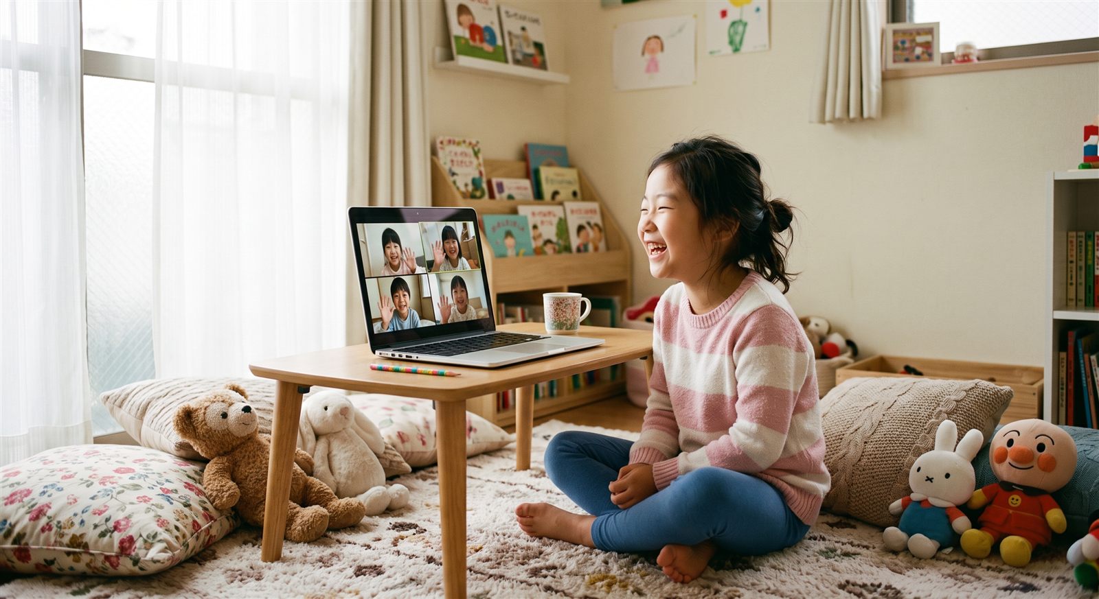집에서 노트북으로 일본에 사는 또래 친구들과 일본어로 대화하며 환하게 웃는 한국 초등학생