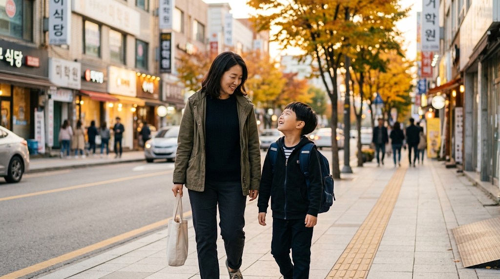 노랗게 물든 가로수 아래 수원 거리에서 책가방을 멘 초등학생 아들과 웃으며 이야기하며 걸어가는 한국 어머니