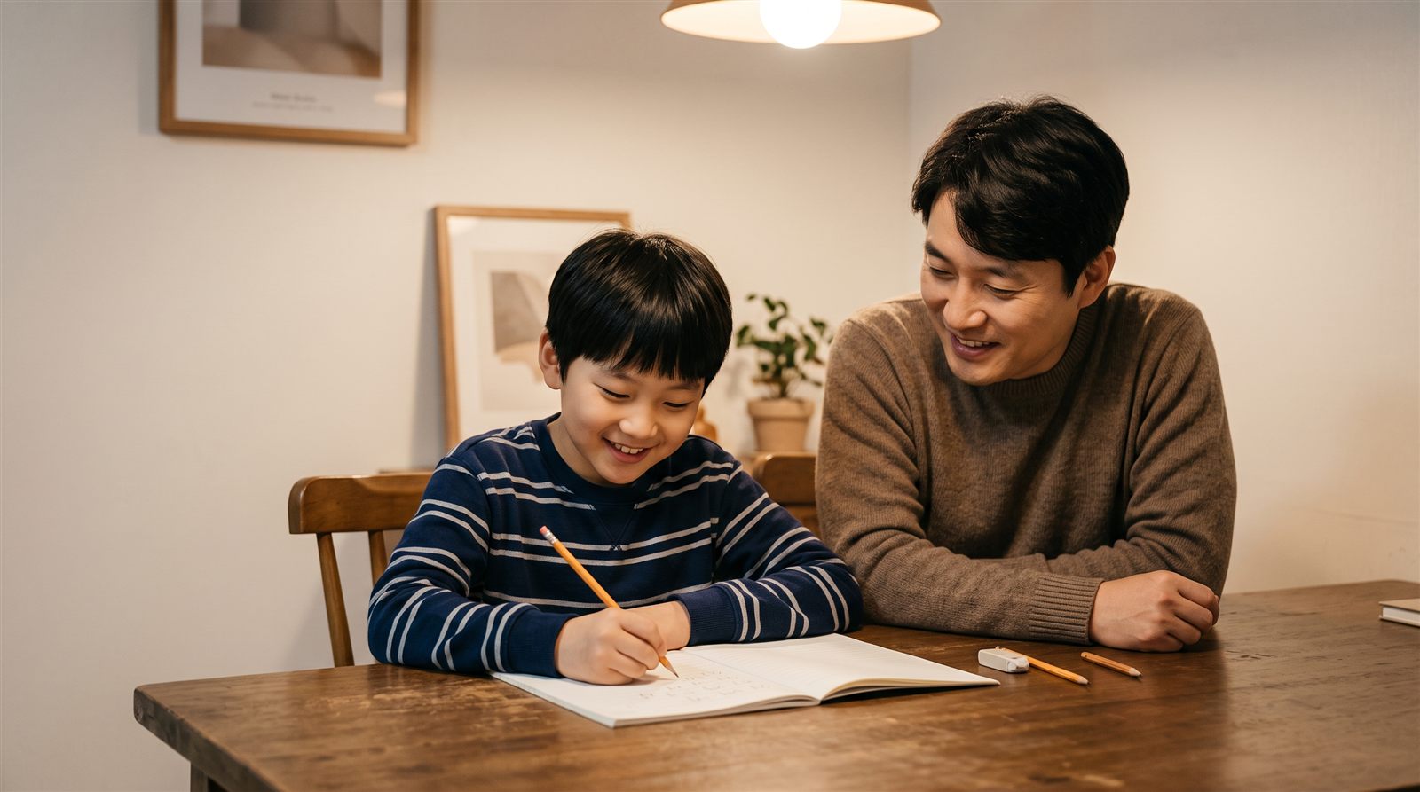 저녁 식탁에서 공책에 글씨를 쓰며 뿌듯하게 웃는 한국 초등학생 아들과 옆에서 지켜보는 아버지