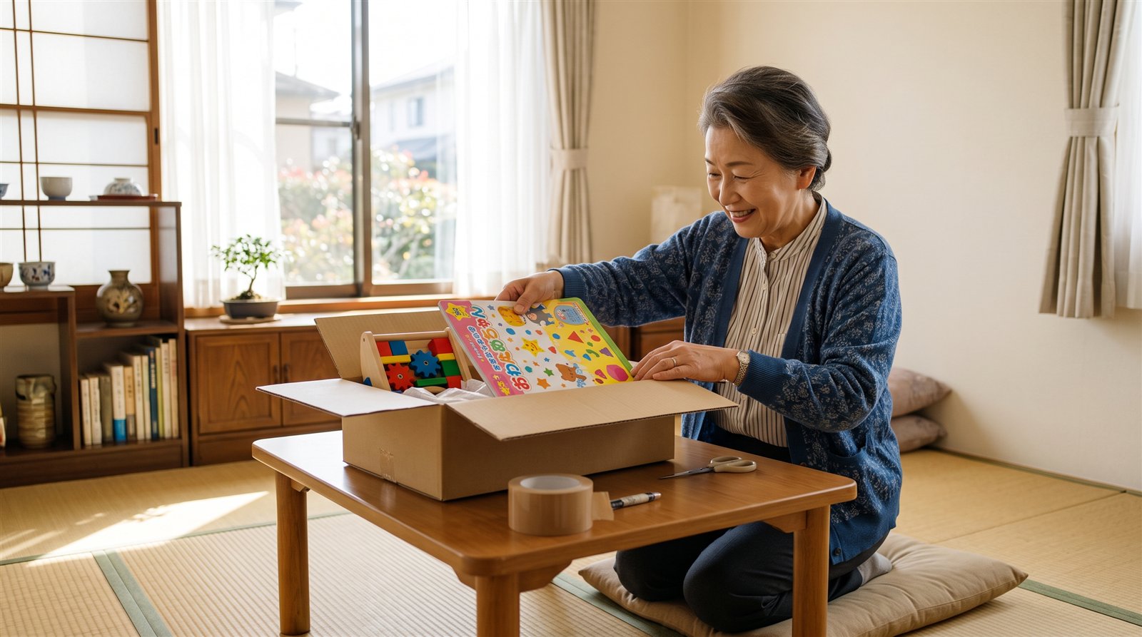 日本の実家の和室で、祖母が子ども向けの教材とおもちゃを段ボール箱に詰めている様子
