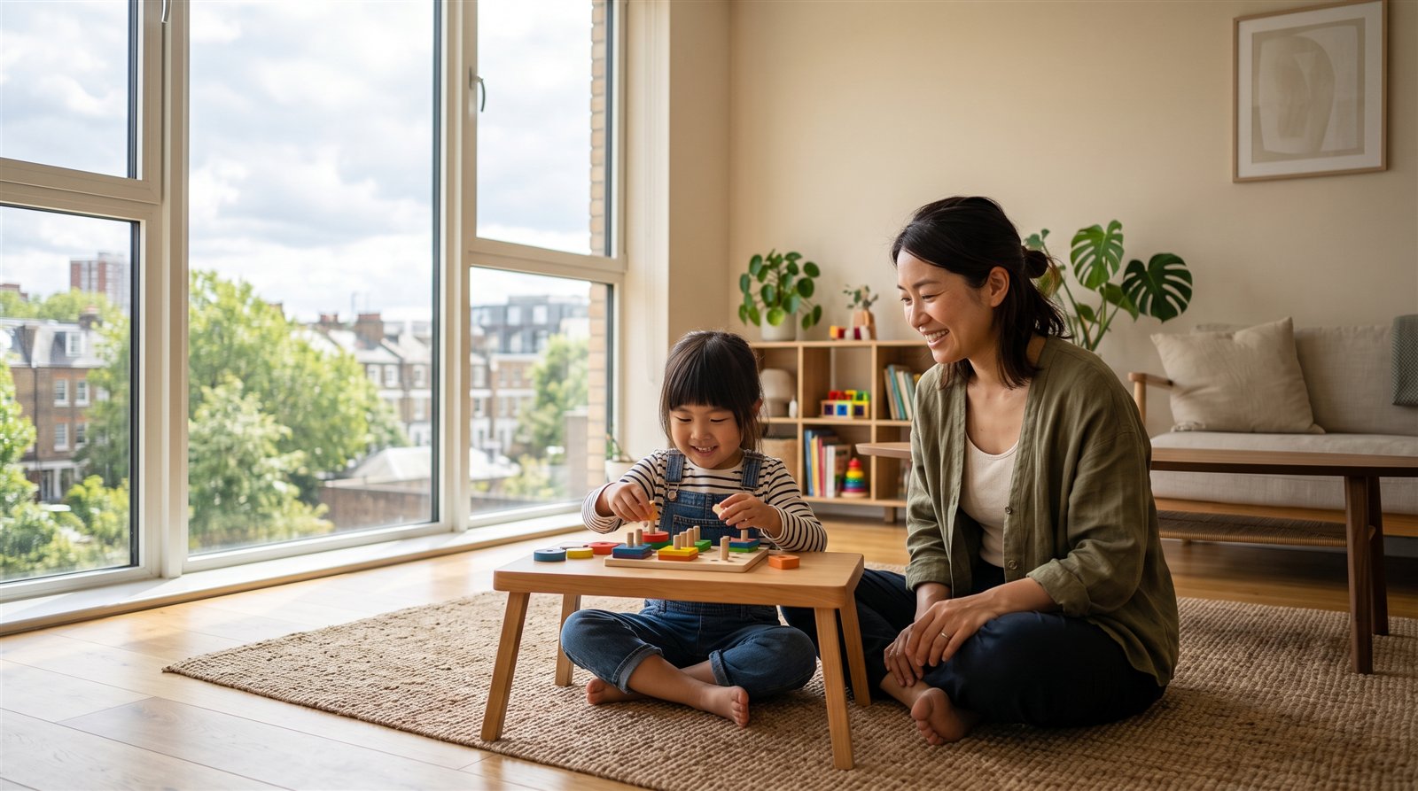 海外の明るいアパートで、4歳くらいの日本人の女の子が木のおもちゃで遊び、母親がそばで見守っている様子