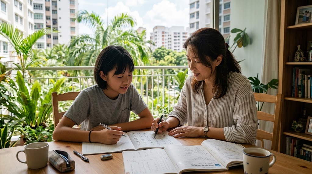 海外のマンションのダイニングテーブルで、日本人の母親と中学生の娘が国語の問題集と漢字ノートを一緒に見ている様子
