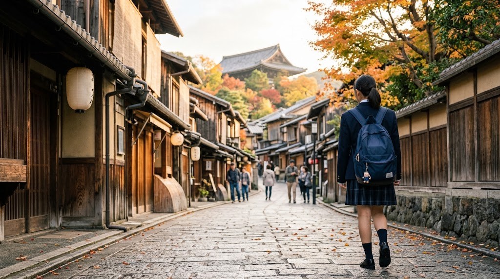 秋の京都の石畳の道を、リュックを背負って歩く制服姿の女子中学生の後ろ姿