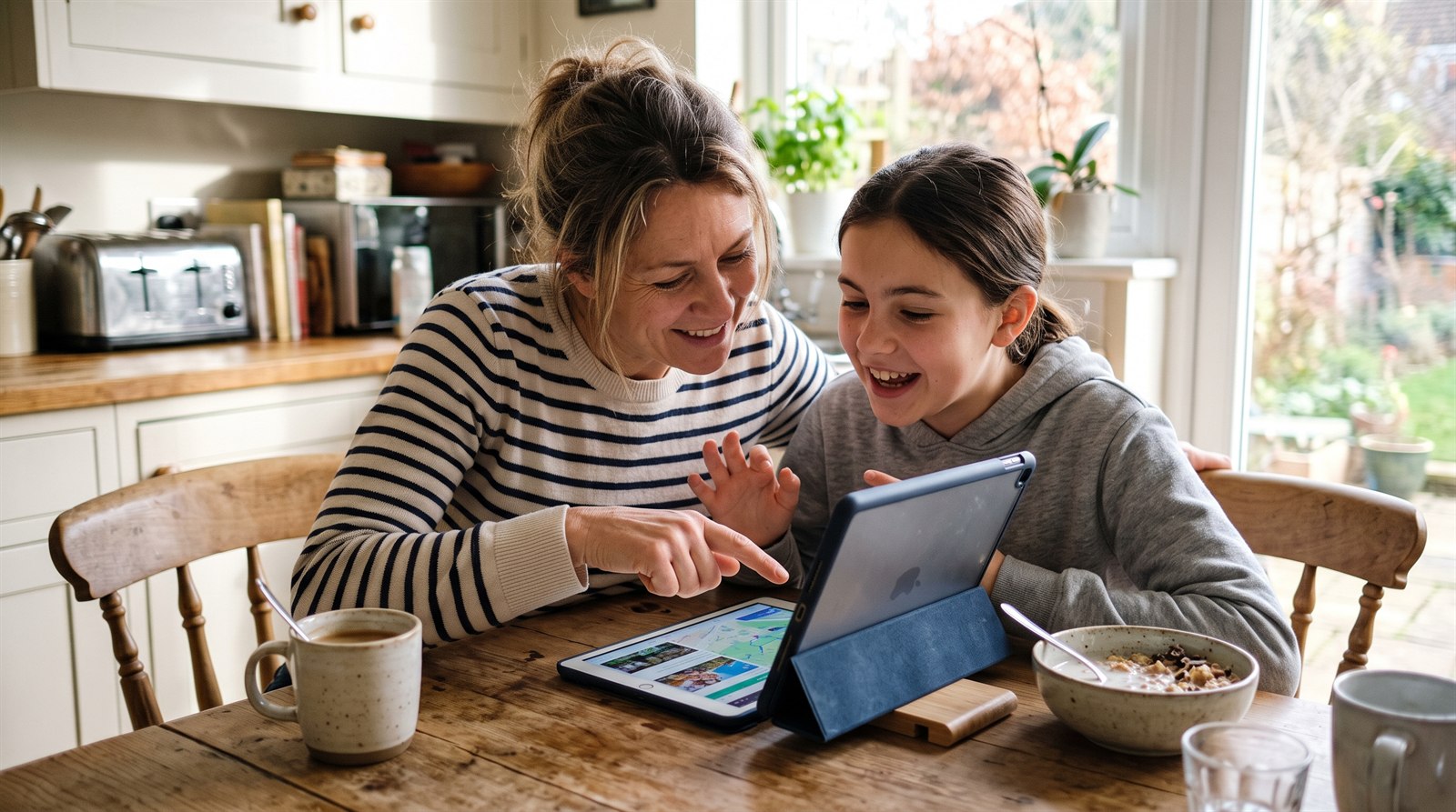 A parent and teenager looking at a Japanese learning app together on a tablet