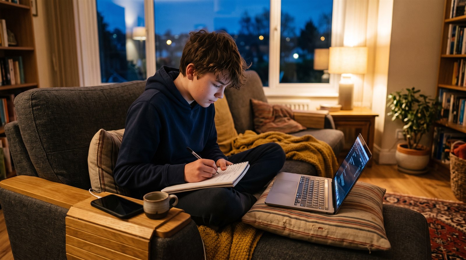 A teenager watching anime on a laptop and taking notes while learning Japanese
