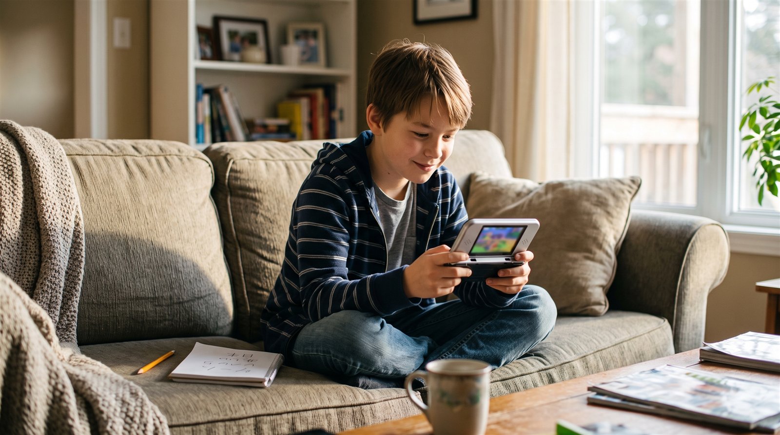 A boy playing a handheld game console with a notebook of Japanese words beside him