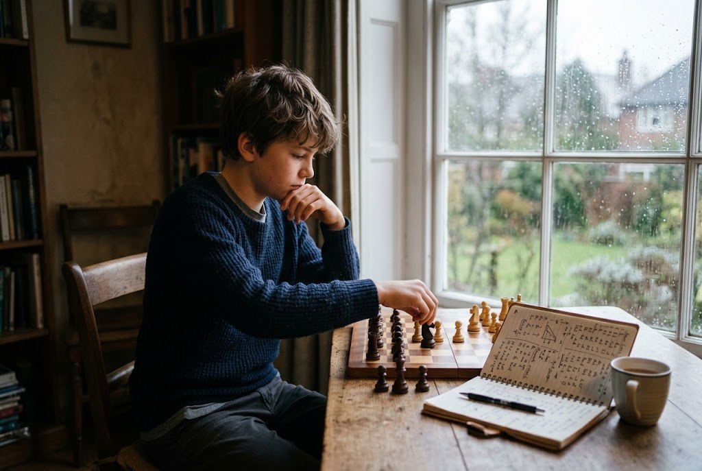 A teenage boy playing chess alone by a window, a notebook of handwritten notes beside the board