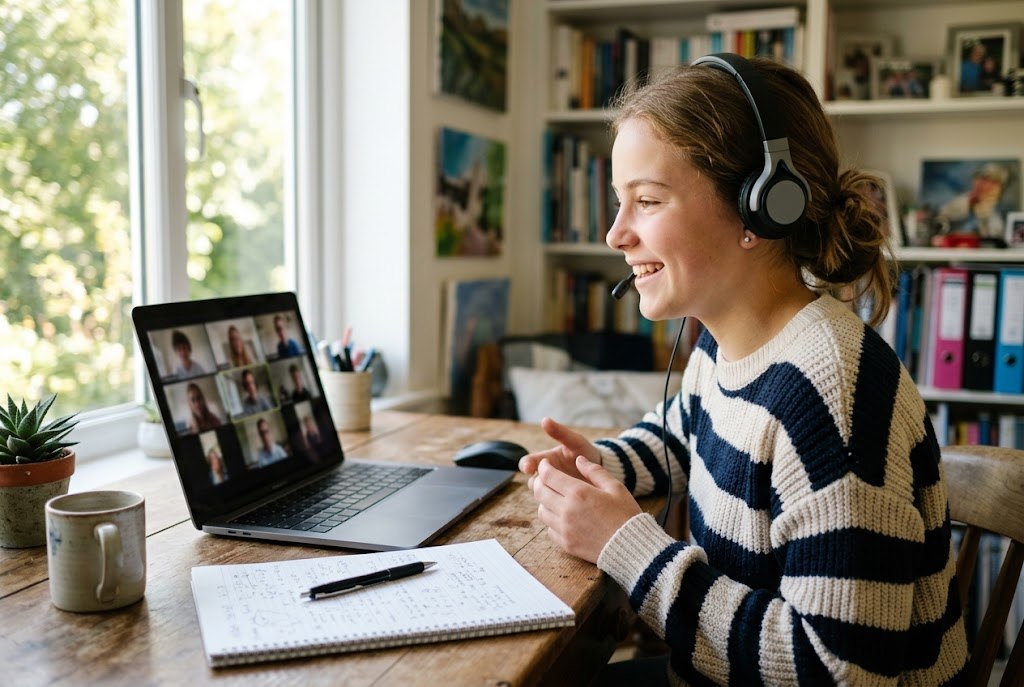 A teenage girl in a library speaking into a laptop during an online class