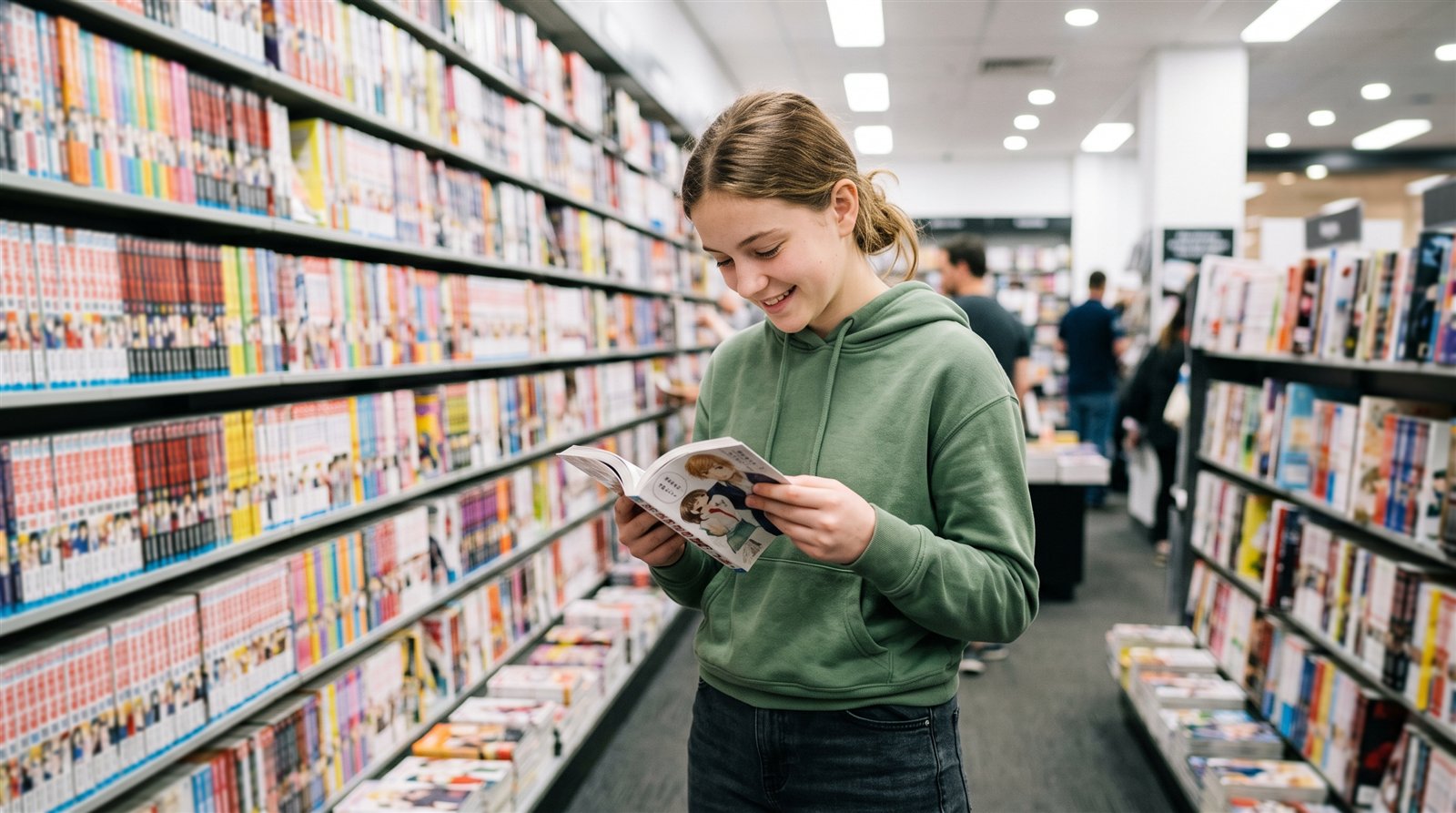 A teenage girl reading a Japanese manga volume in a bookshop manga aisle