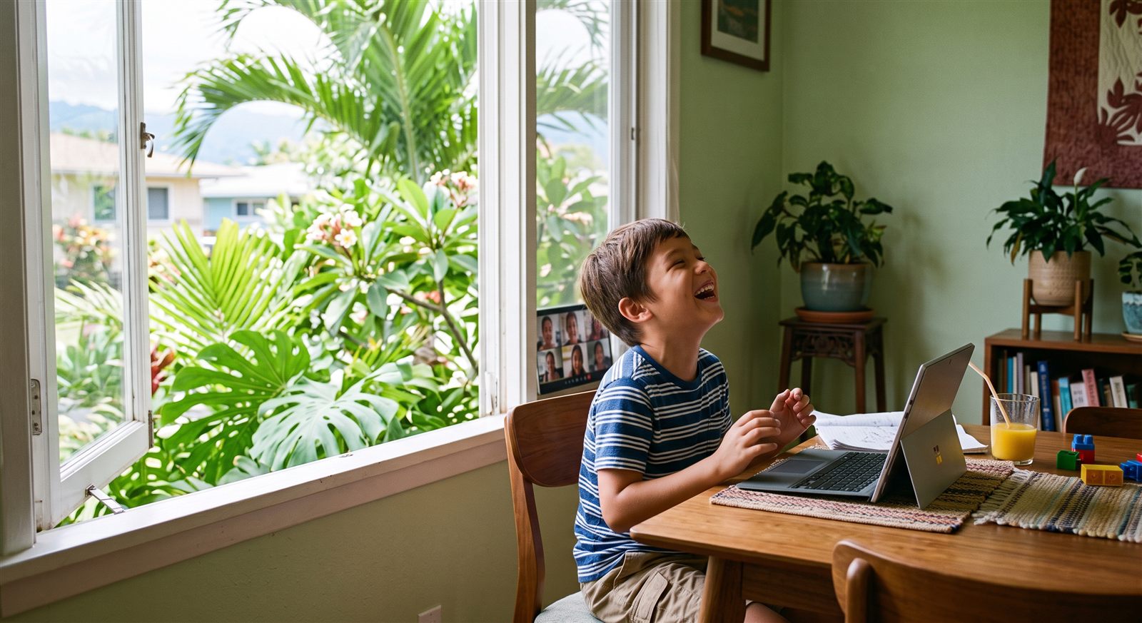 A boy in Honolulu laughing during a video call with friends on a laptop beside an open window