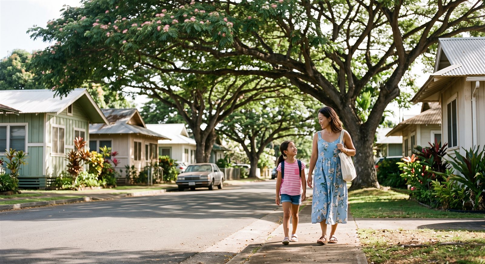 A mother and her daughter walking home under monkeypod trees on a sunny Honolulu residential street