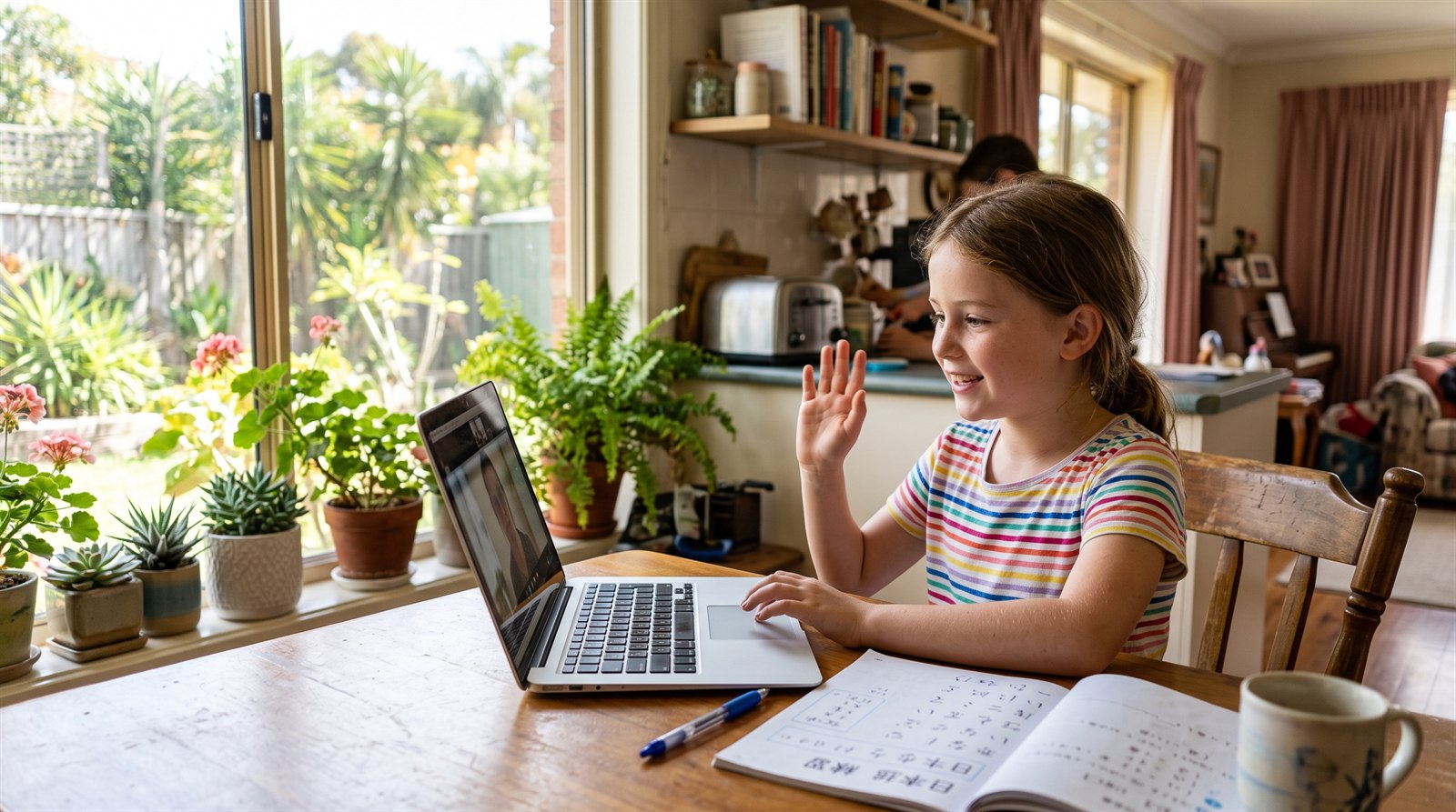 A girl in an Australian home taking an online Japanese class at the kitchen table