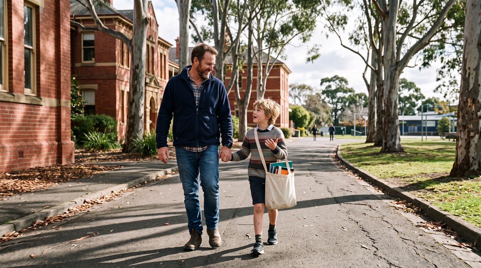 A father and son arriving at a suburban Melbourne school for Saturday Japanese classes