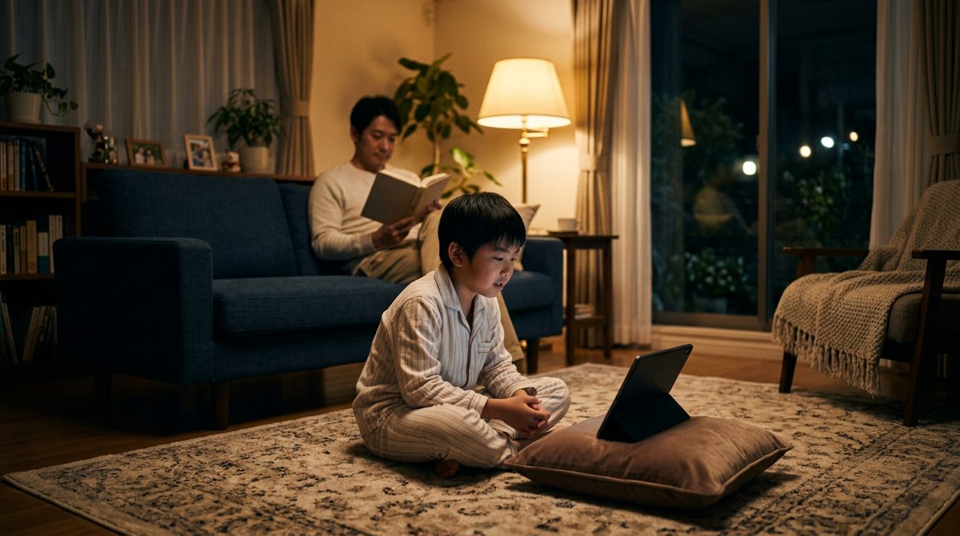 A child watching an animated show at home in the evening with Japanese subtitles on