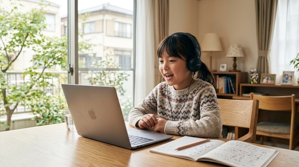 A child saying a Japanese line out loud at a laptop while shadowing a scene