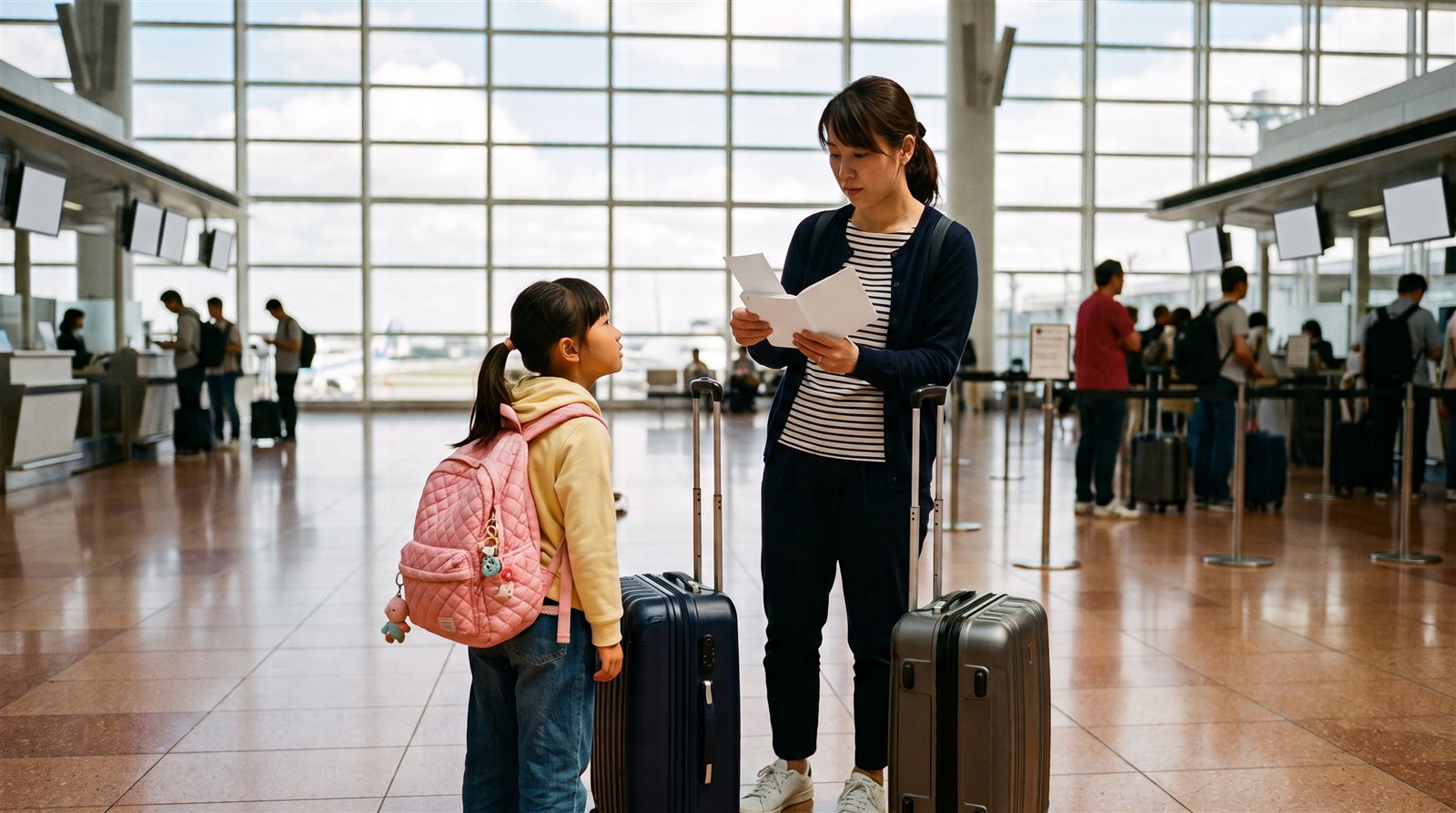 空港の出発フロアで、日本人の母親と小学生の子どもが手荷物のそばで搭乗の準備をしている様子