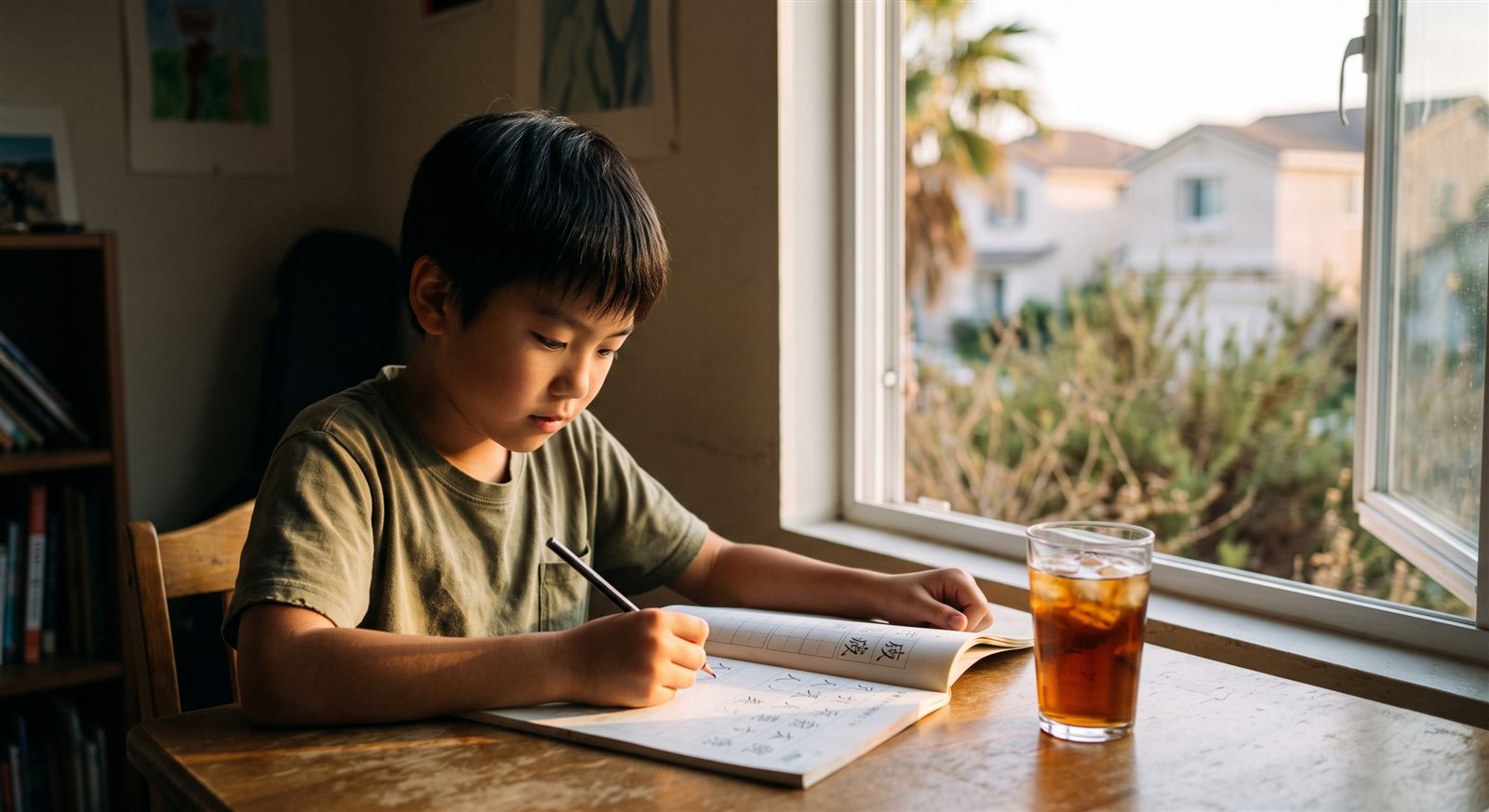 A boy practises kanji at a desk beside an open window in a Southern California home on a sunny afternoon