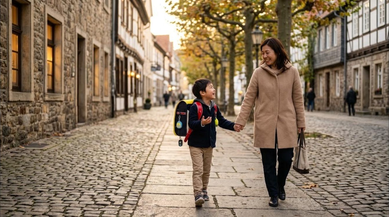 ドイツの石畳の並木道を、ランドセルを背負った7歳くらいの男の子が迎えに来た母親と手をつなぎ、楽しそうに話しながら歩いている