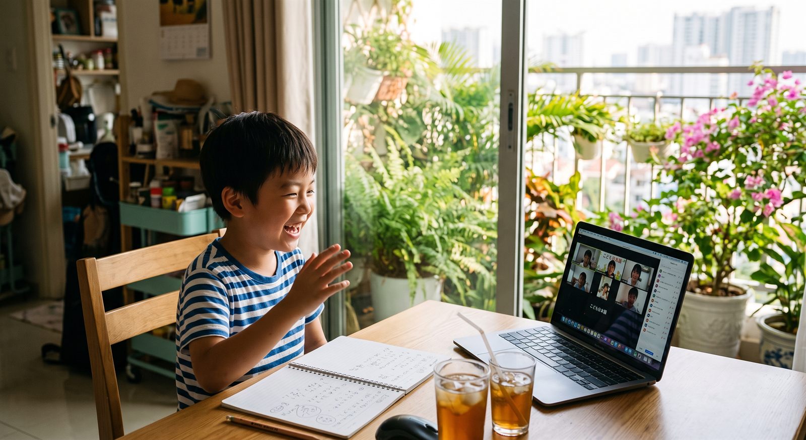 ホーチミンの自宅のダイニングで、ノートパソコンのオンライン日本語グループレッスンに笑顔で参加する8歳くらいの小学生
