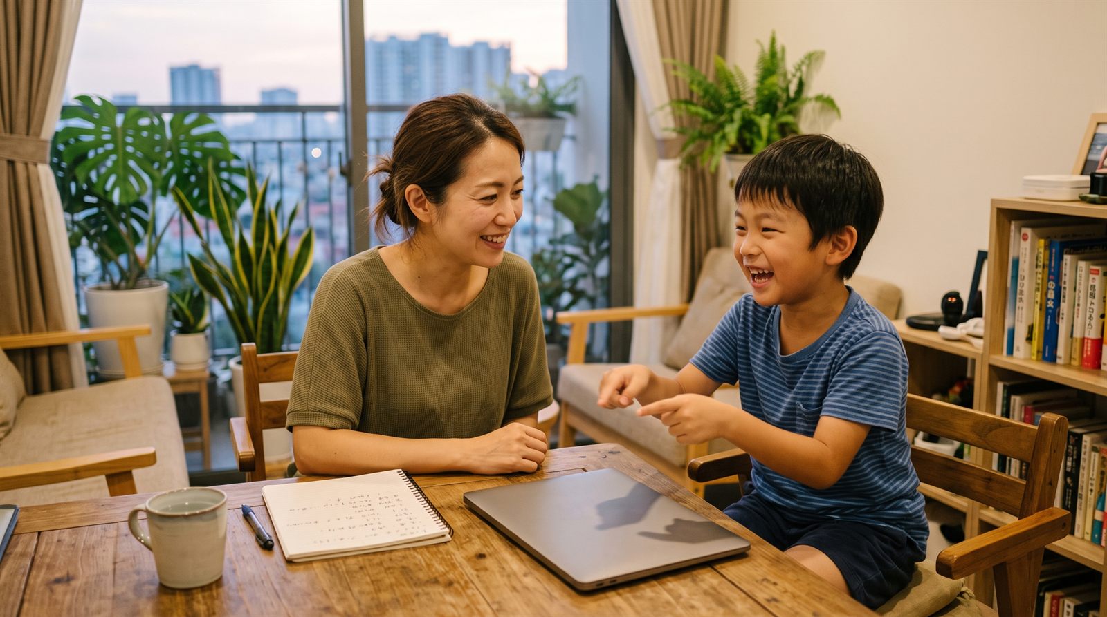 ホーチミンの自宅ダイニングで、オンライン日本語レッスンを終えた男の子とそばで微笑む母親