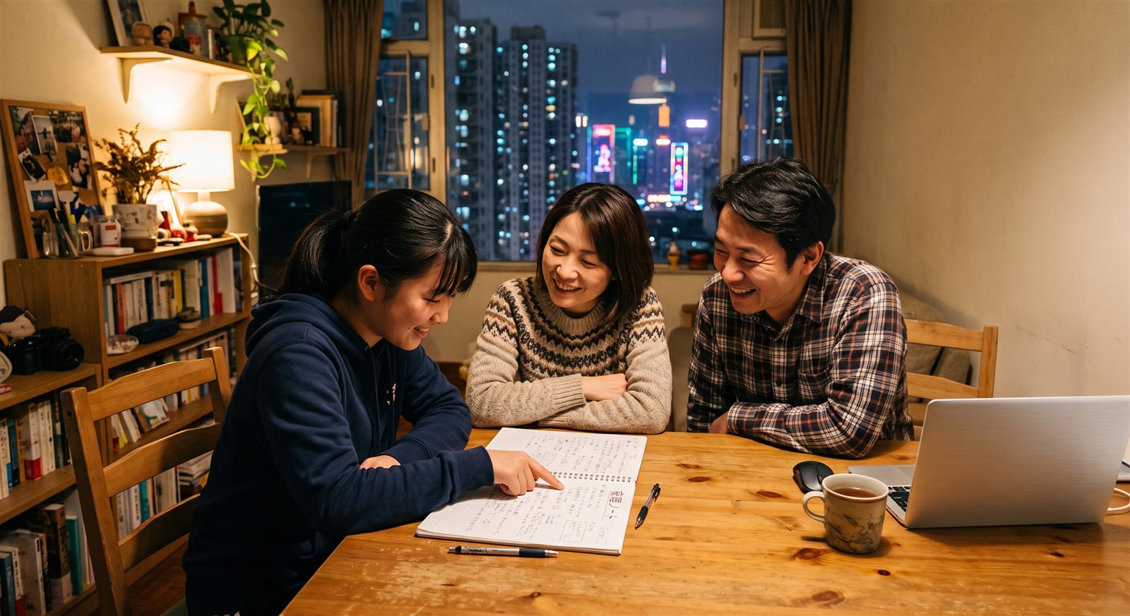 香港の自宅のダイニングテーブルで、日本語を書いたノートを指さす10代の娘と、それを見て微笑む両親