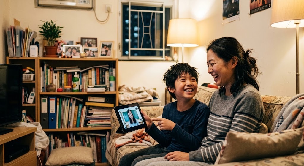 香港の自宅のソファで、タブレットの画面を母親に見せて笑う11歳くらいの男の子と、隣で笑う母親
