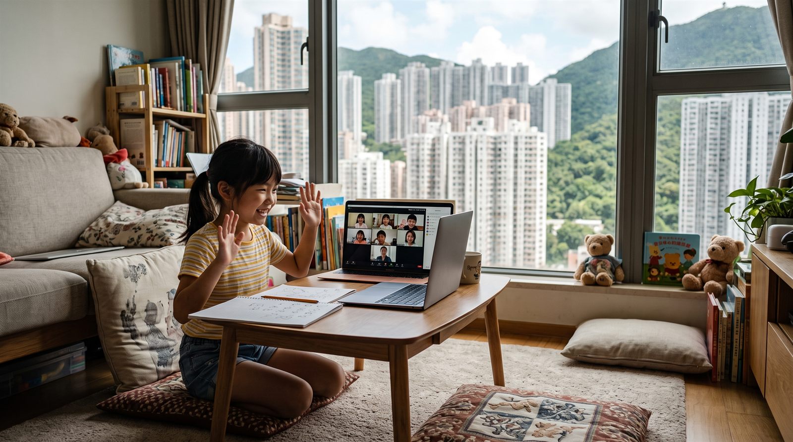 香港の高層アパートのリビングで、ノートパソコンのオンライン日本語グループレッスンに手を振って参加する8歳くらいの女の子
