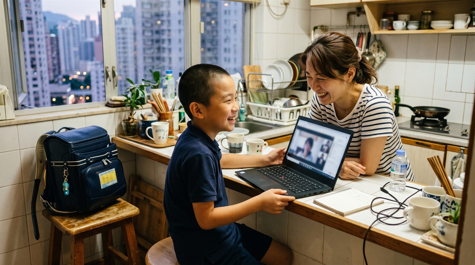香港のアパートのキッチンカウンターで、オンライン日本語レッスンを終えた男の子とそばで微笑む母親