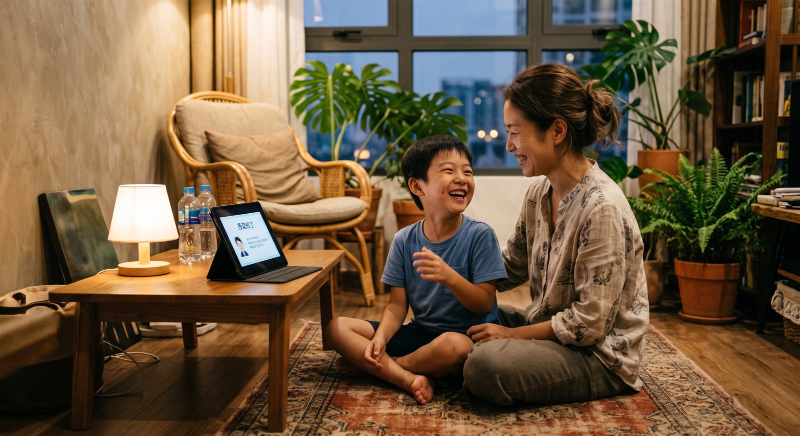 ハノイのマンションのリビングで、タブレットのオンライン日本語レッスンを終えて笑う男の子とそばに座る母親