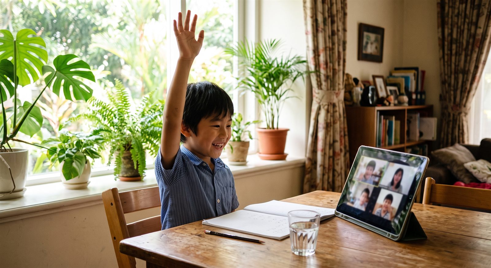 ジャカルタの明るい自宅リビングで、タブレットのオンライン日本語グループレッスンに元気に手を挙げる8歳くらいの男の子
