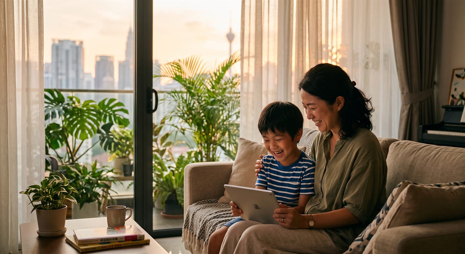 クアラルンプールの自宅のソファで、オンライン日本語レッスンを終えた子どもとタブレットをのぞきこんで一緒に笑う保護者