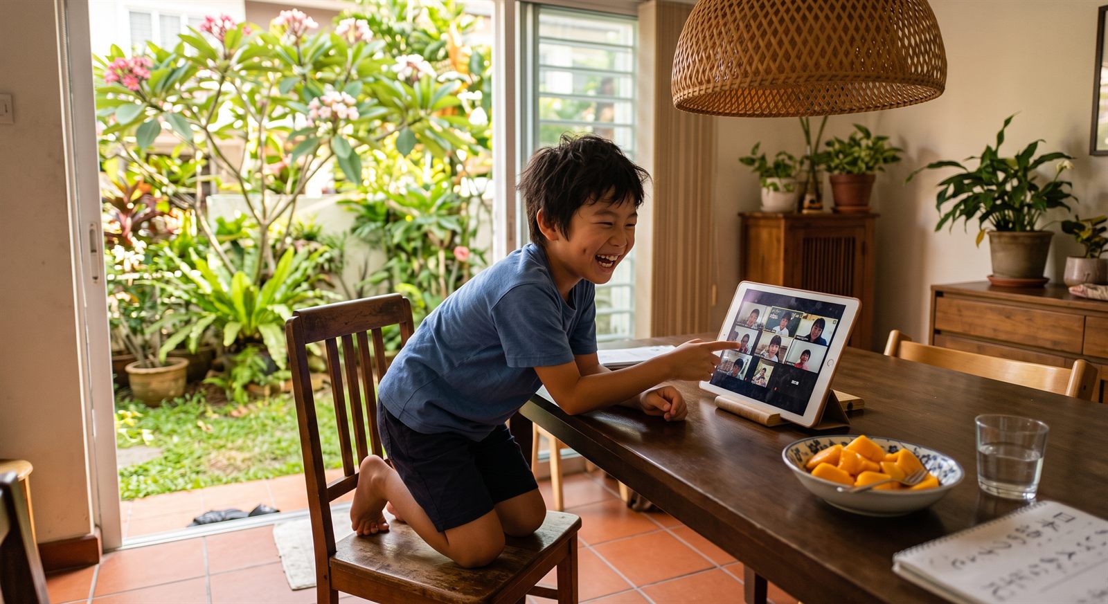 クアラルンプールの日当たりのよいダイニングで、立てかけたタブレットのオンライン日本語グループレッスンに笑いながら参加する9歳くらいの小学生