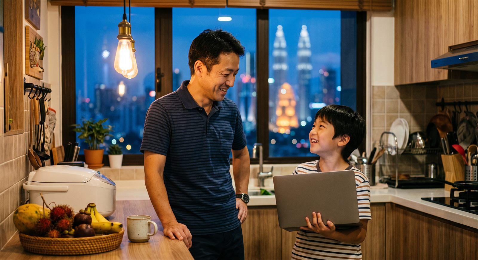 クアラルンプールの自宅のキッチンで、ノートパソコンを持った小学生がレッスンの話をし、それを笑顔で聞く保護者