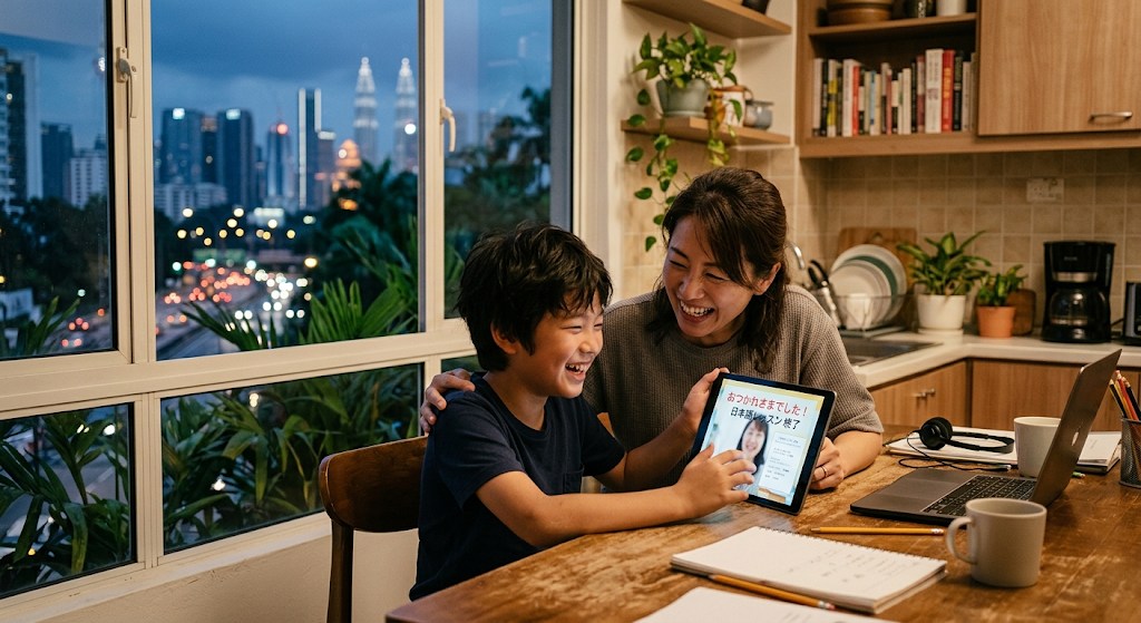 クアラルンプールの自宅で、レッスンのあとにタブレットを見せながら母親と笑い合う10歳くらいの男の子