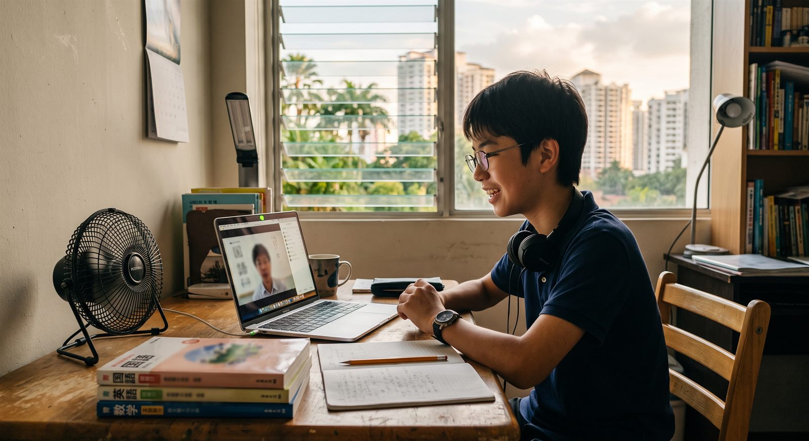 クアラルンプールのコンドミニアムの学習コーナーで、ノートパソコンのオンライン日本語レッスンに身を乗り出して話す14歳くらいの中学生