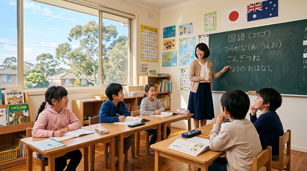 メルボルン郊外の小さな日本人学校の教室で、黒板の前に立つ日本人女性教師が5人ほどの小学生に笑顔で国語を教えている様子