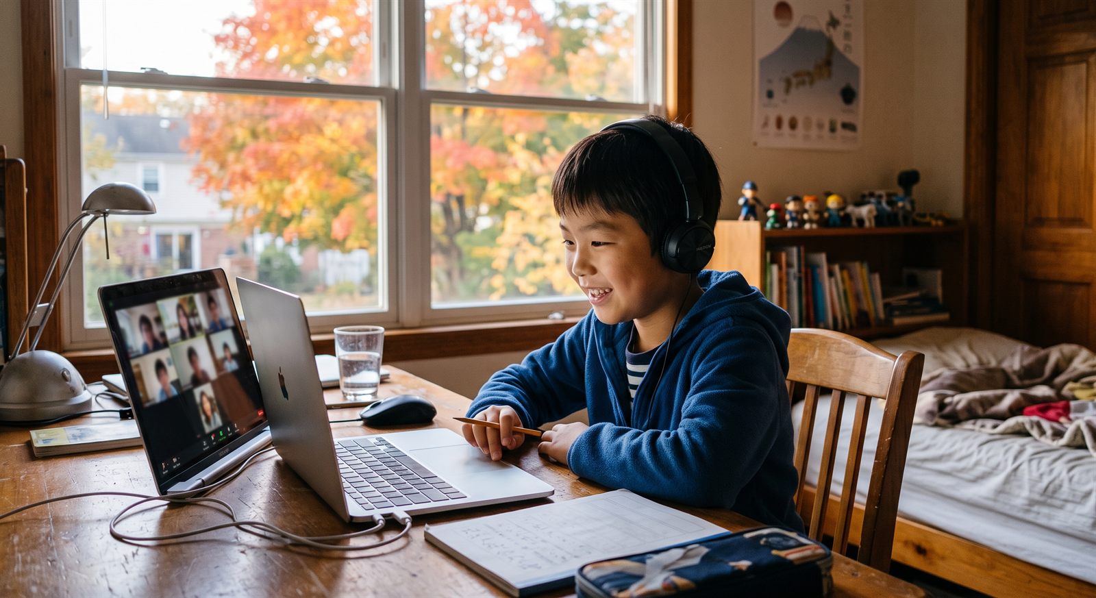 ニュージャージー郊外の家の子ども部屋で、窓の外の紅葉を背に木の机のノートパソコンに向かい、前のめりで笑顔でオンライン日本語グループレッスンに参加する8歳くらいの男の子