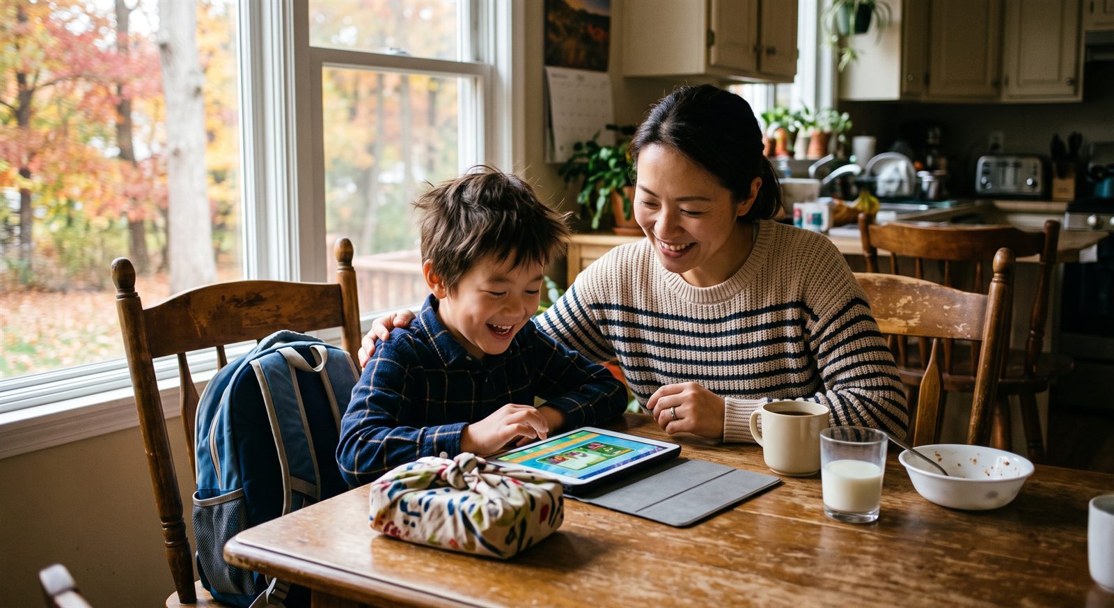 ニュージャージーの家のダイニングテーブルで、朝にタブレットを一緒にのぞきこんで笑う日本人の母親と8歳くらいの息子