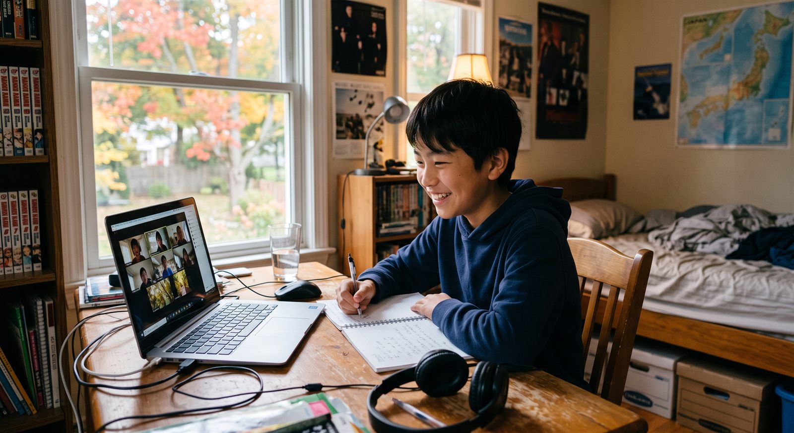ニュージャージー州オークランドの家の子ども部屋で、紅葉しはじめた木が見える窓のそばの木の机でノートを取りながら笑い、ノートパソコンでオンライン日本語グループレッスンに参加する13歳くらいの男の子