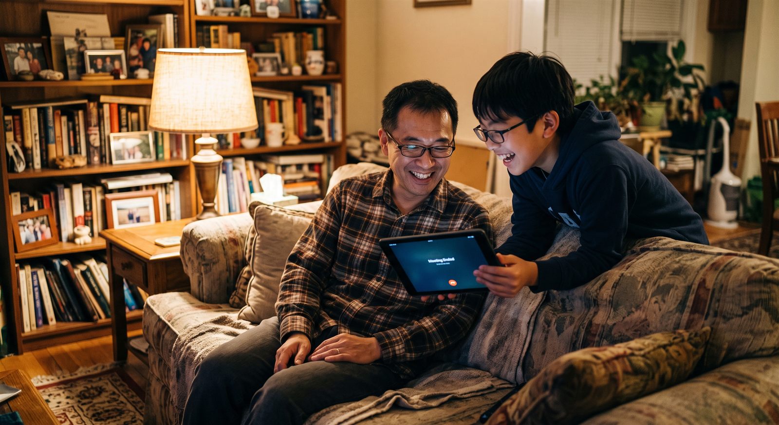 ニュージャージーの家のリビングのソファで、レッスンのあとにタブレットの画面を父親に見せて一緒に笑う13歳くらいの男の子と父親