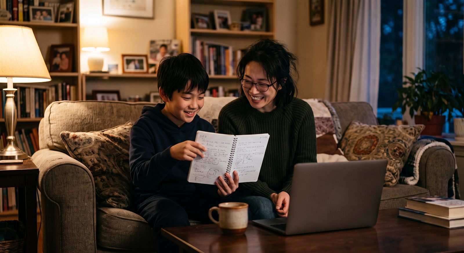 ニューヨーク郊外の住宅のリビングのソファで、オンラインレッスンを終えてノートを見せる男の子とそばで微笑む母親