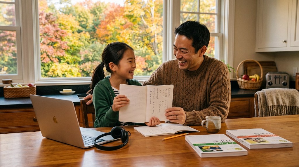 ニューヨーク郊外の自宅のキッチンで、レッスンのあとに日本語のノートを父親に見せて笑い合う9歳くらいの女の子